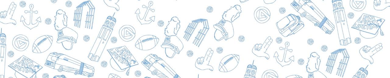 Blue GV icons scattered including clocktower, GV circle logomark, anchor, anchor up sign, football, band hat